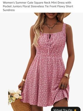 Loemes Pink & White Floral Square-Neck Midi Flowy Dress w/ Tie Front - Size CL 💕